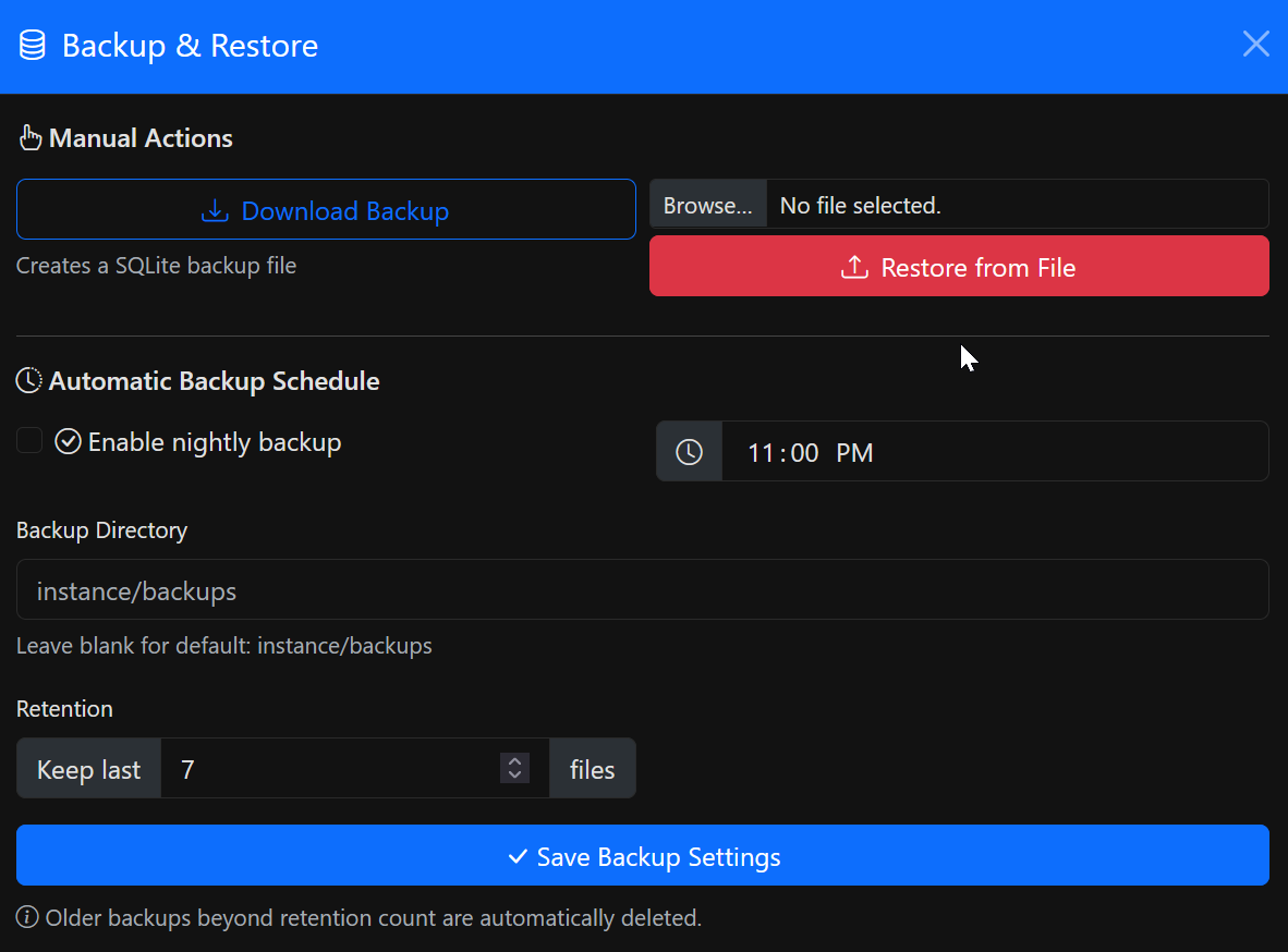 Backup, restore, and automation functions